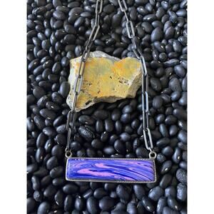 Native American SW Sterling Purple Charoite Pink Stone Bar Necklace PAPERCLIP